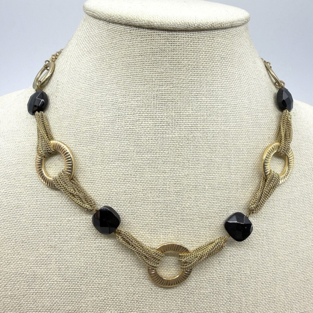 Statement Necklace Gold Tone Textured Rings Black Faceted Beads Link Chain Gift